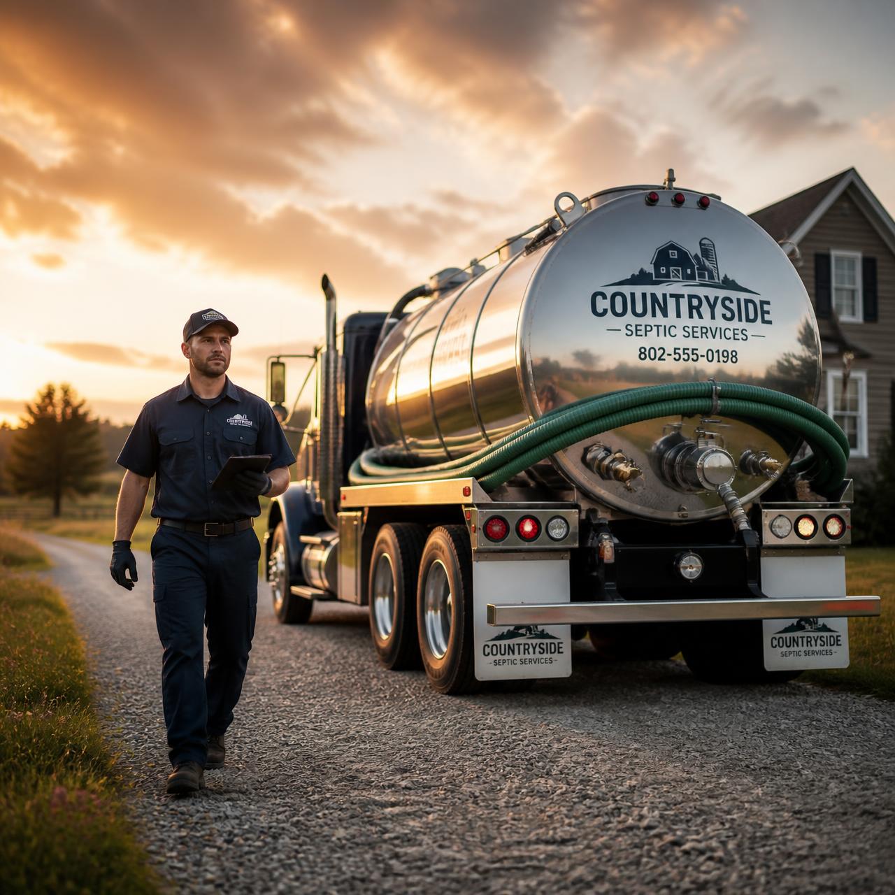 A septic pump truck at golden hour on a rural driveway